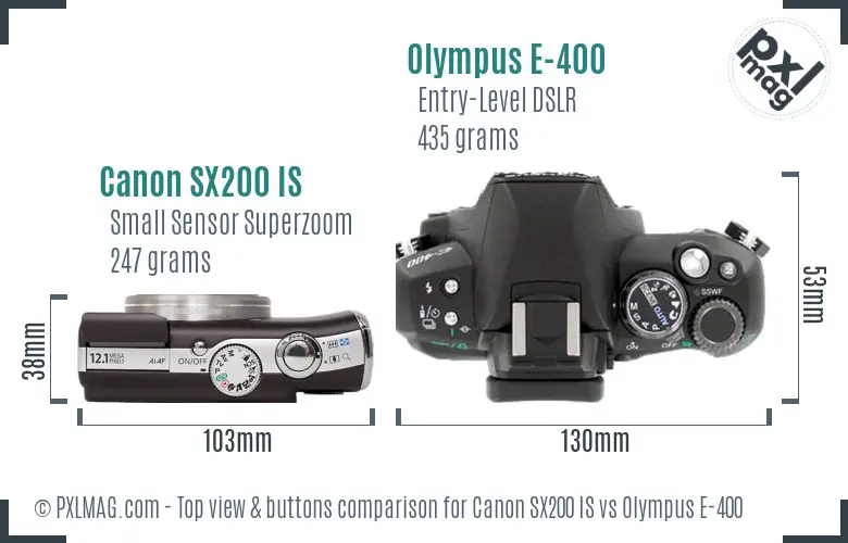 Canon SX200 IS vs Olympus E-400 top view buttons comparison