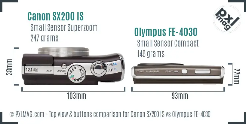 Canon SX200 IS vs Olympus FE-4030 top view buttons comparison