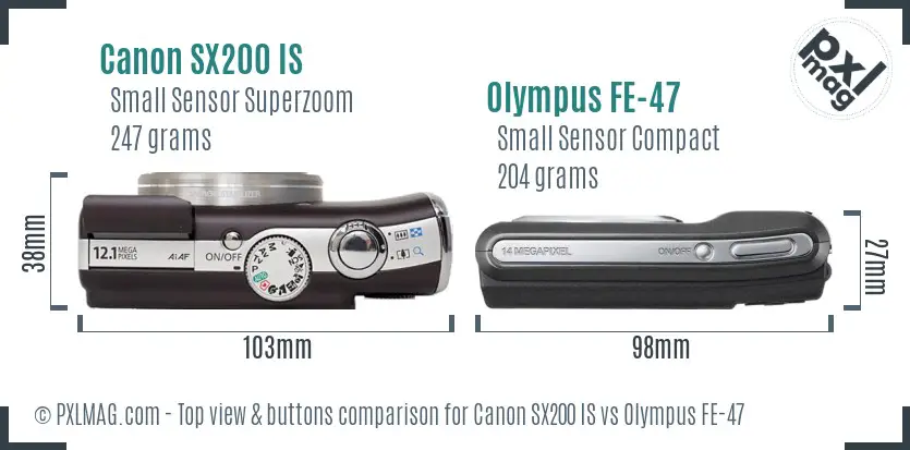 Canon SX200 IS vs Olympus FE-47 top view buttons comparison