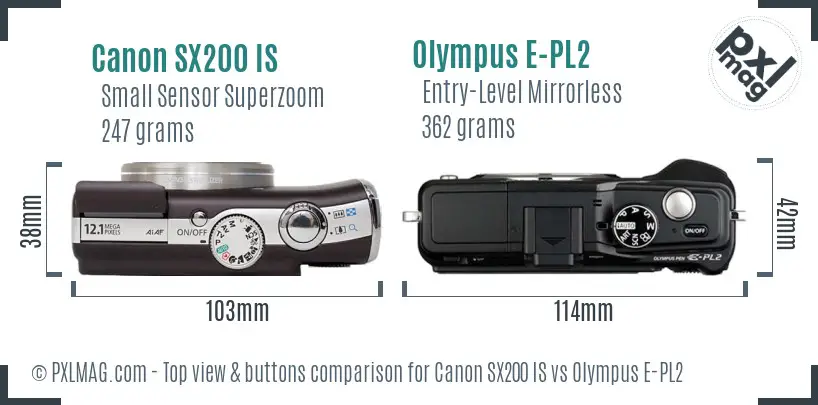 Canon SX200 IS vs Olympus E-PL2 top view buttons comparison