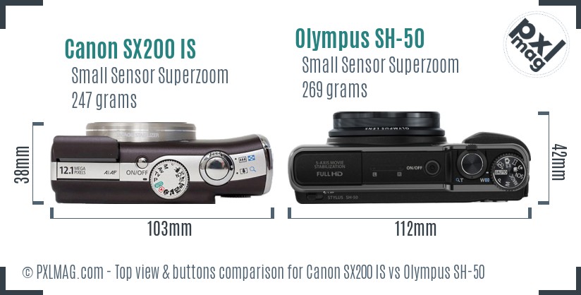 Canon SX200 IS vs Olympus SH-50 top view buttons comparison