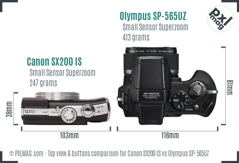 Canon SX200 IS vs Olympus SP-565UZ top view buttons comparison