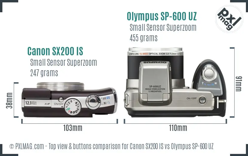 Canon SX200 IS vs Olympus SP-600 UZ top view buttons comparison