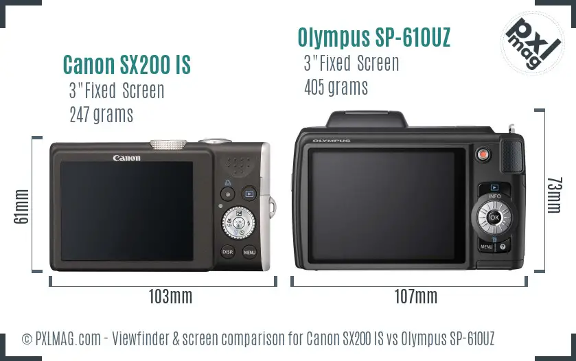 Canon SX200 IS vs Olympus SP-610UZ Screen and Viewfinder comparison