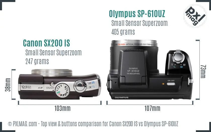 Canon SX200 IS vs Olympus SP-610UZ top view buttons comparison