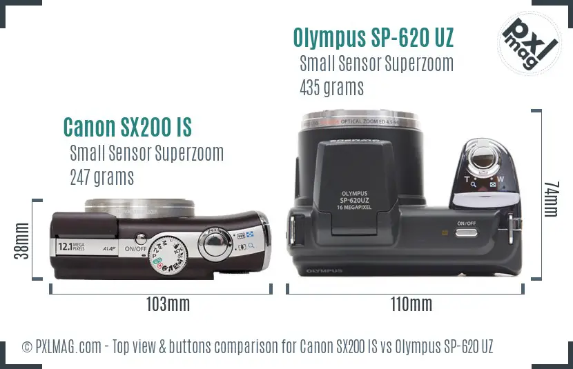 Canon SX200 IS vs Olympus SP-620 UZ top view buttons comparison Canon SX200 IS vs Olympus SP-620 UZ top view buttons comparison