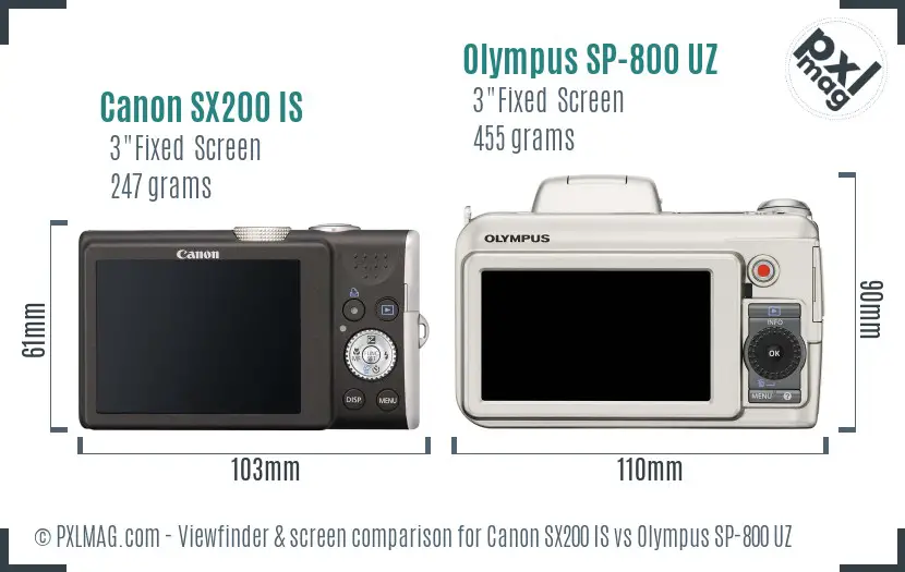 Canon SX200 IS vs Olympus SP-800 UZ Screen and Viewfinder comparison