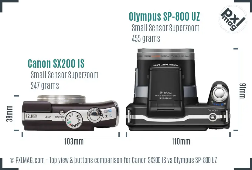 Canon SX200 IS vs Olympus SP-800 UZ top view buttons comparison
