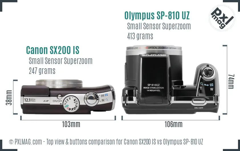 Canon SX200 IS vs Olympus SP-810 UZ top view buttons comparison Canon SX200 IS vs Olympus SP-810 UZ top view buttons comparison