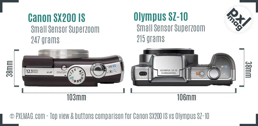 Canon SX200 IS vs Olympus SZ-10 top view buttons comparison