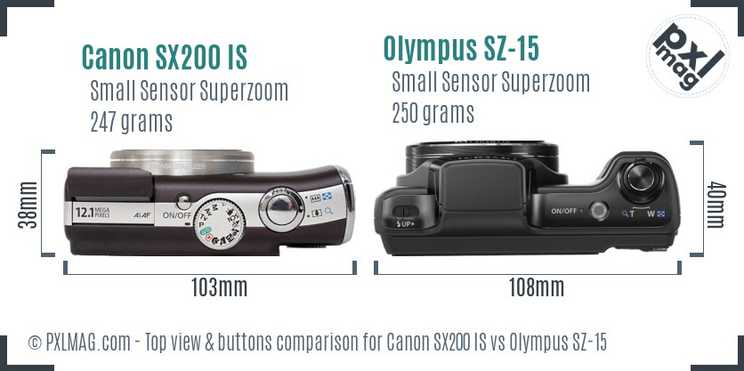 Canon SX200 IS vs Olympus SZ-15 top view buttons comparison