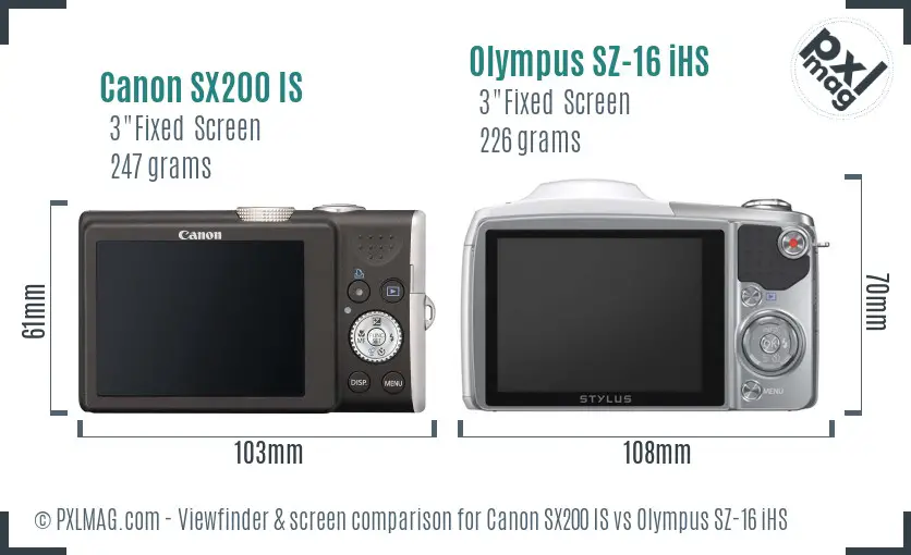 Canon SX200 IS vs Olympus SZ-16 iHS Screen and Viewfinder comparison