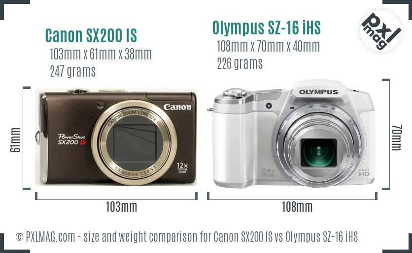 Canon SX200 IS vs Olympus SZ-16 iHS size comparison