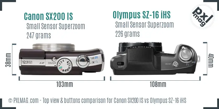 Canon SX200 IS vs Olympus SZ-16 iHS top view buttons comparison