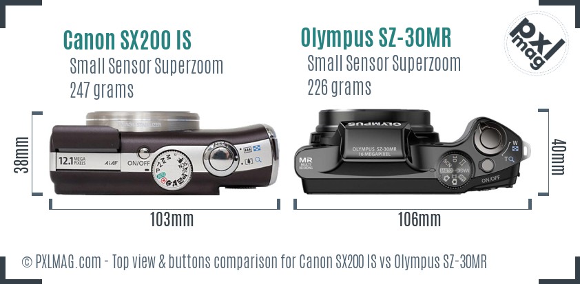 Canon SX200 IS vs Olympus SZ-30MR top view buttons comparison