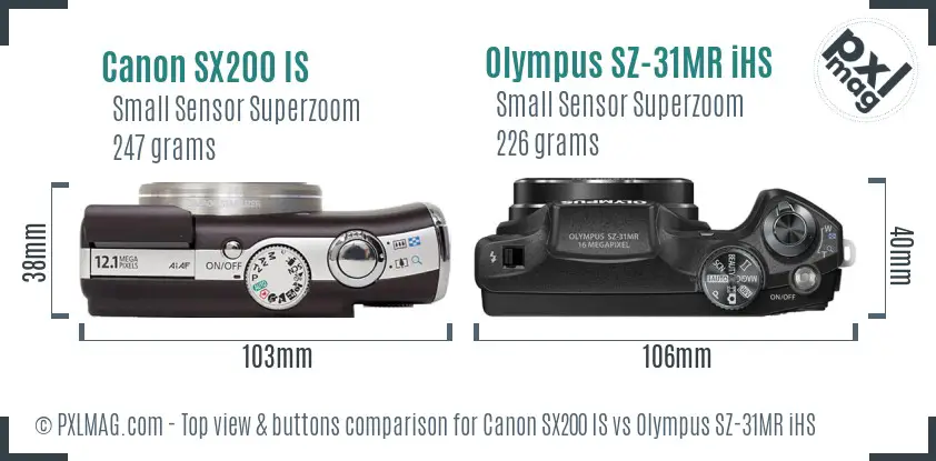 Canon SX200 IS vs Olympus SZ-31MR iHS top view buttons comparison Canon SX200 IS vs Olympus SZ-31MR iHS top view buttons comparison