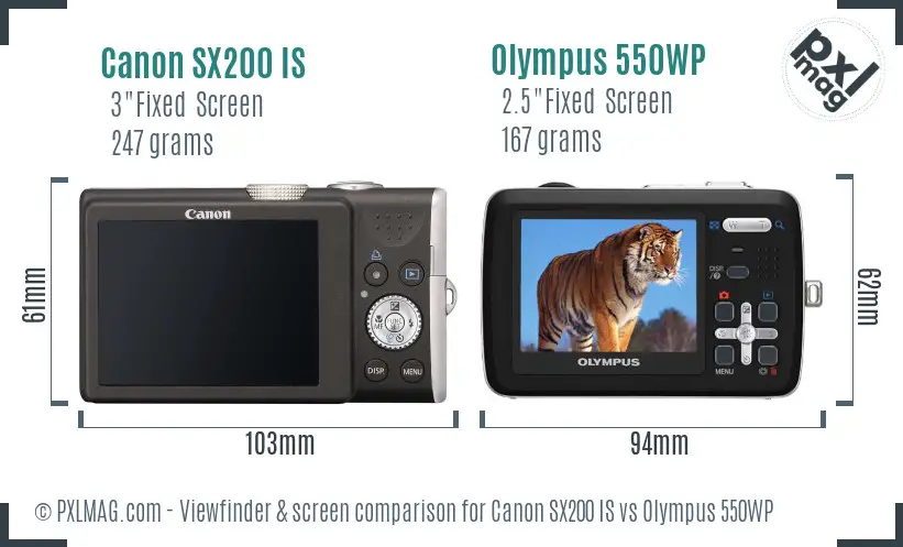 Canon SX200 IS vs Olympus 550WP Screen and Viewfinder comparison