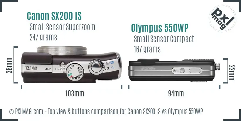 Canon SX200 IS vs Olympus 550WP top view buttons comparison