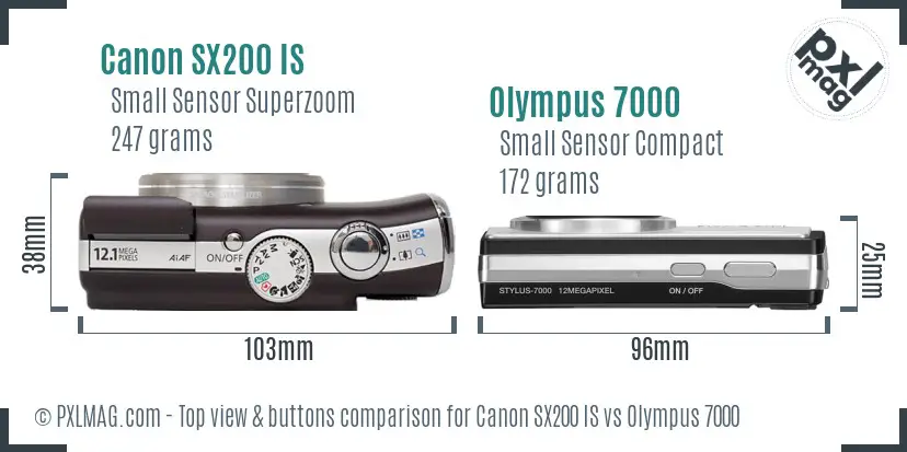 Canon SX200 IS vs Olympus 7000 top view buttons comparison