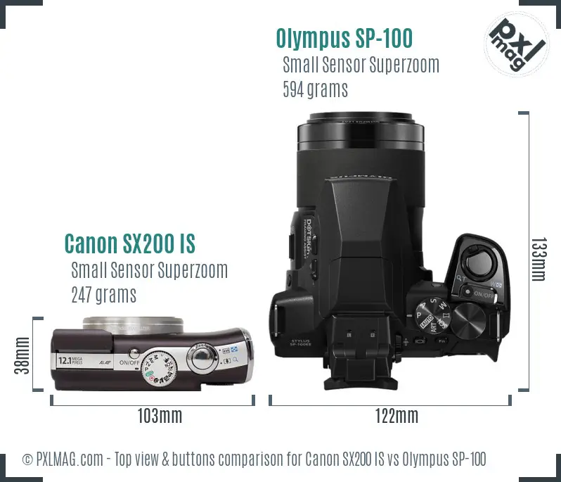 Canon SX200 IS vs Olympus SP-100 top view buttons comparison Canon SX200 IS vs Olympus SP-100 top view buttons comparison