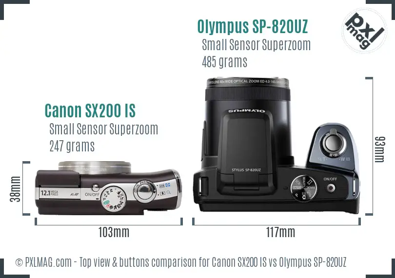 Canon SX200 IS vs Olympus SP-820UZ top view buttons comparison