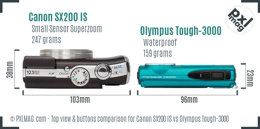 Canon SX200 IS vs Olympus Tough-3000 top view buttons comparison