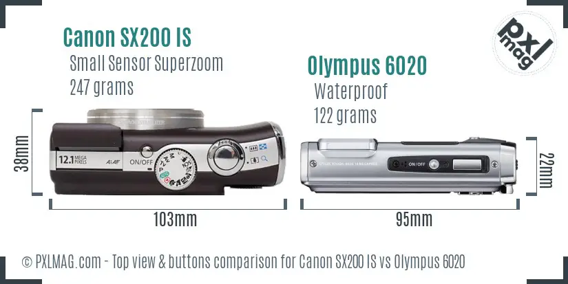 Canon SX200 IS vs Olympus 6020 top view buttons comparison Canon SX200 IS vs Olympus 6020 top view buttons comparison