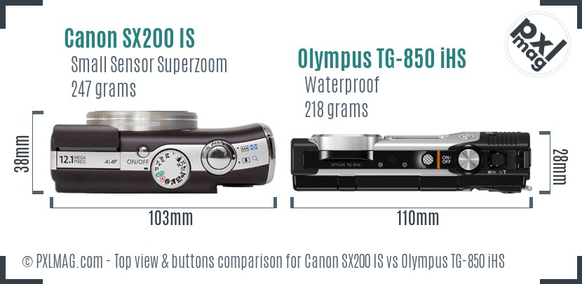Canon SX200 IS vs Olympus TG-850 iHS top view buttons comparison