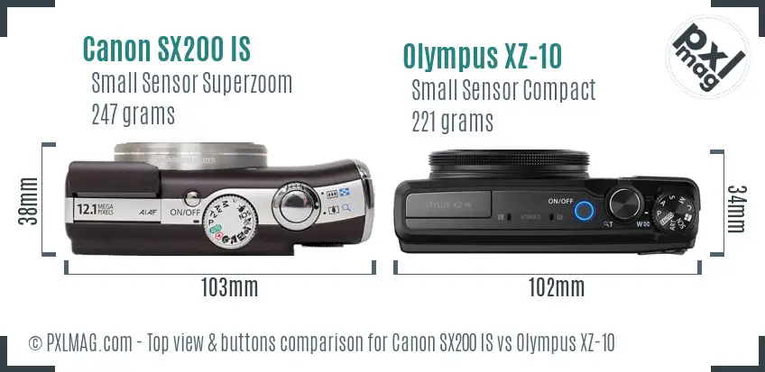 Canon SX200 IS vs Olympus XZ-10 top view buttons comparison Canon SX200 IS vs Olympus XZ-10 top view buttons comparison