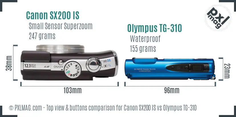 Canon SX200 IS vs Olympus TG-310 top view buttons comparison Canon SX200 IS vs Olympus TG-310 top view buttons comparison