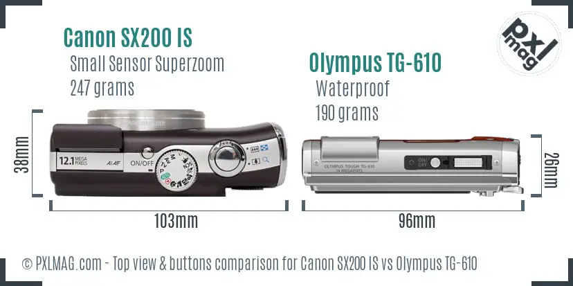 Canon SX200 IS vs Olympus TG-610 top view buttons comparison Canon SX200 IS vs Olympus TG-610 top view buttons comparison