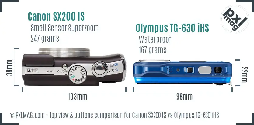 Canon SX200 IS vs Olympus TG-630 iHS top view buttons comparison Canon SX200 IS vs Olympus TG-630 iHS top view buttons comparison