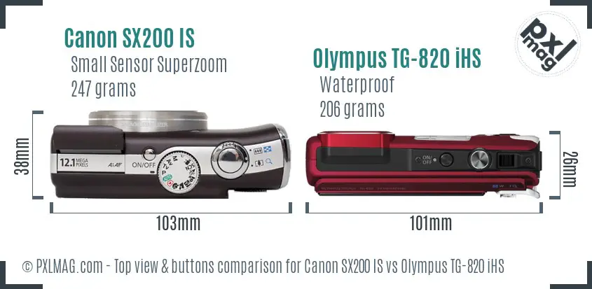Canon SX200 IS vs Olympus TG-820 iHS top view buttons comparison Canon SX200 IS vs Olympus TG-820 iHS top view buttons comparison