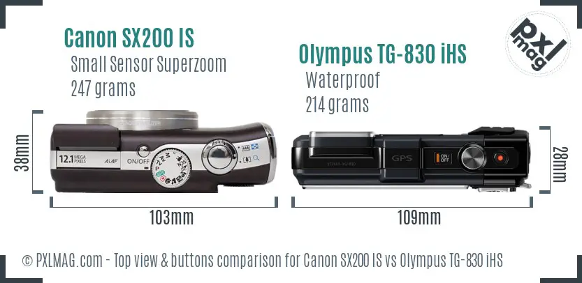 Canon SX200 IS vs Olympus TG-830 iHS top view buttons comparison