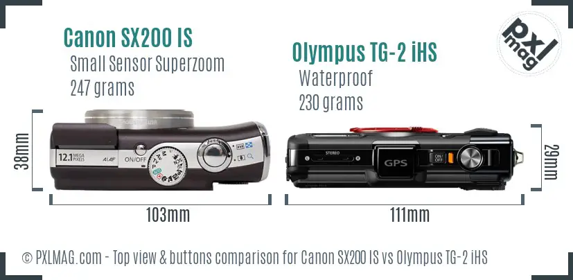 Canon SX200 IS vs Olympus TG-2 iHS top view buttons comparison Canon SX200 IS vs Olympus TG-2 iHS top view buttons comparison