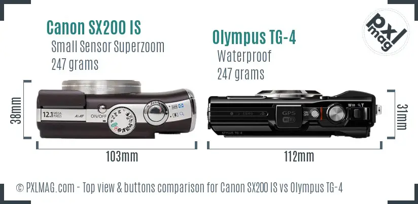 Canon SX200 IS vs Olympus TG-4 top view buttons comparison Canon SX200 IS vs Olympus TG-4 top view buttons comparison