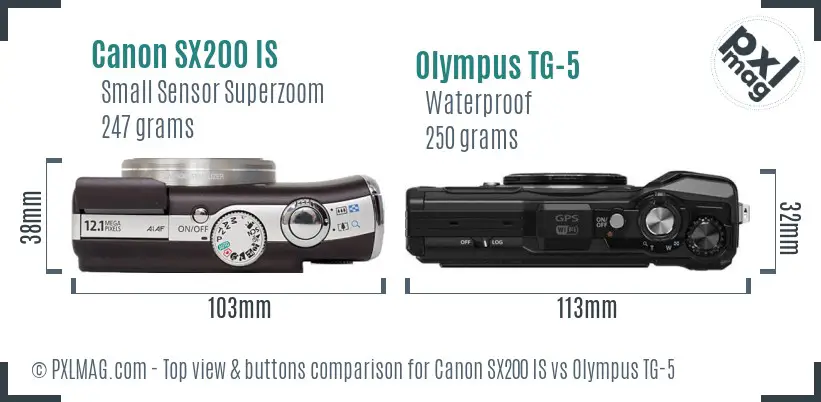 Canon SX200 IS vs Olympus TG-5 top view buttons comparison Canon SX200 IS vs Olympus TG-5 top view buttons comparison