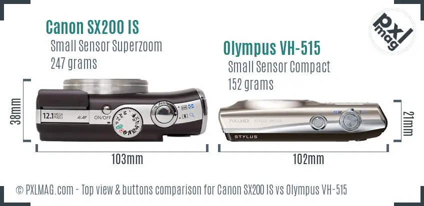 Canon SX200 IS vs Olympus VH-515 top view buttons comparison Canon SX200 IS vs Olympus VH-515 top view buttons comparison