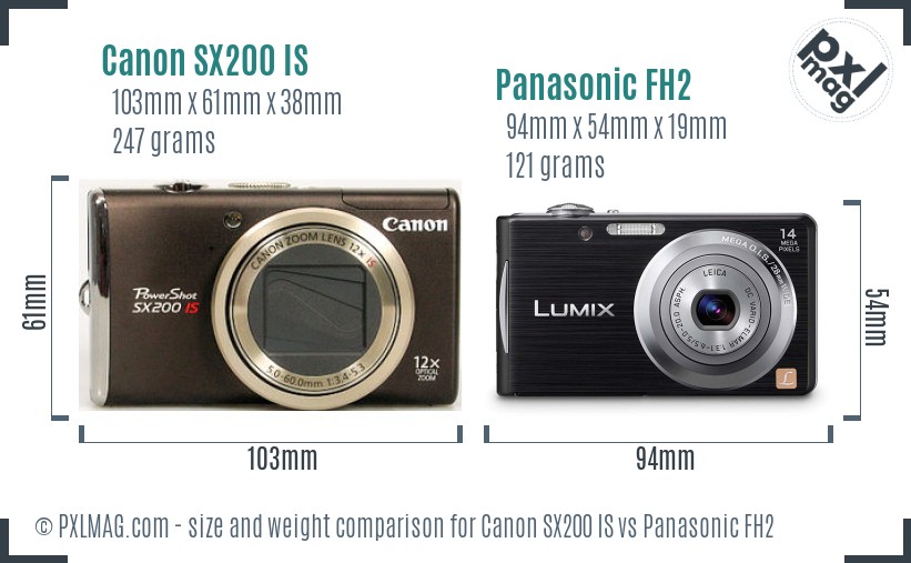 Canon SX200 IS vs Panasonic FH2 size comparison