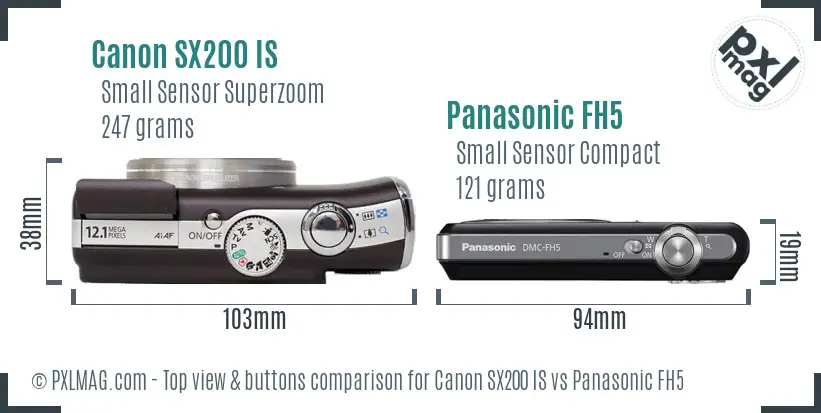Canon SX200 IS vs Panasonic FH5 top view buttons comparison