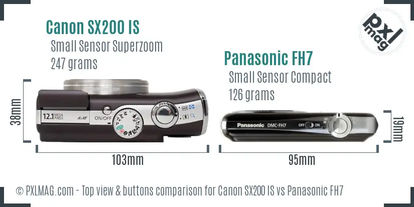 Canon SX200 IS vs Panasonic FH7 top view buttons comparison Canon SX200 IS vs Panasonic FH7 top view buttons comparison