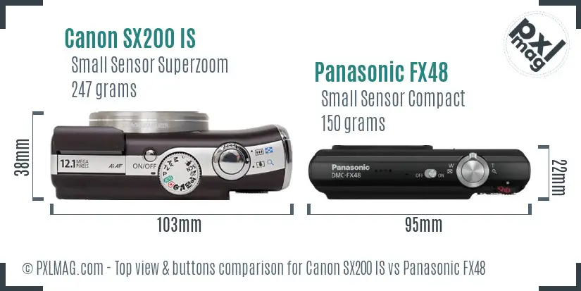 Canon SX200 IS vs Panasonic FX48 top view buttons comparison