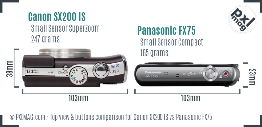 Canon SX200 IS vs Panasonic FX75 top view buttons comparison