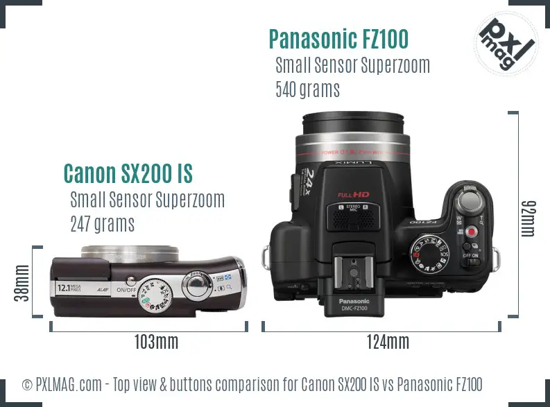 Canon SX200 IS vs Panasonic FZ100 top view buttons comparison