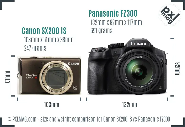 Canon SX200 IS vs Panasonic FZ300 size comparison Canon SX200 IS vs Panasonic FZ300 size comparison