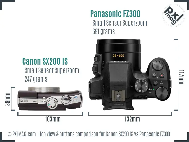 Canon SX200 IS vs Panasonic FZ300 top view buttons comparison Canon SX200 IS vs Panasonic FZ300 top view buttons comparison