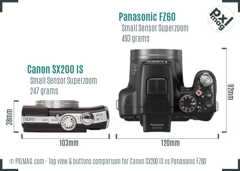 Canon SX200 IS vs Panasonic FZ60 top view buttons comparison