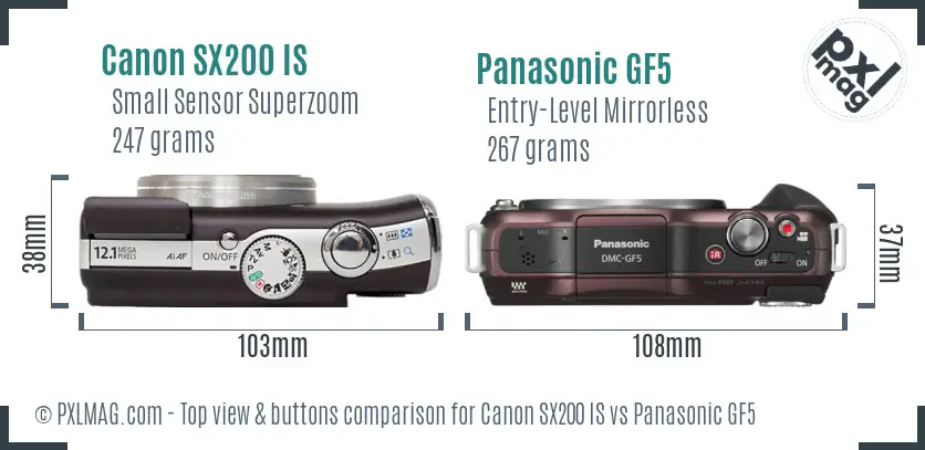 Canon SX200 IS vs Panasonic GF5 top view buttons comparison