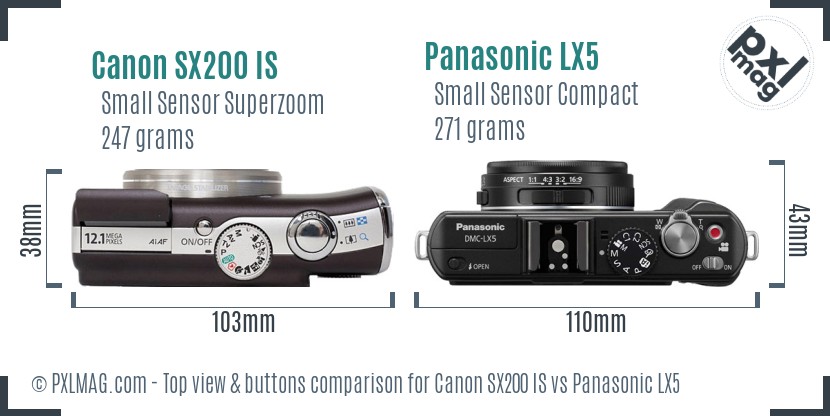 Canon SX200 IS vs Panasonic LX5 top view buttons comparison