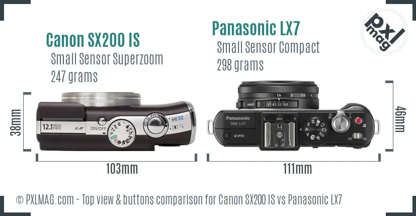 Canon SX200 IS vs Panasonic LX7 top view buttons comparison